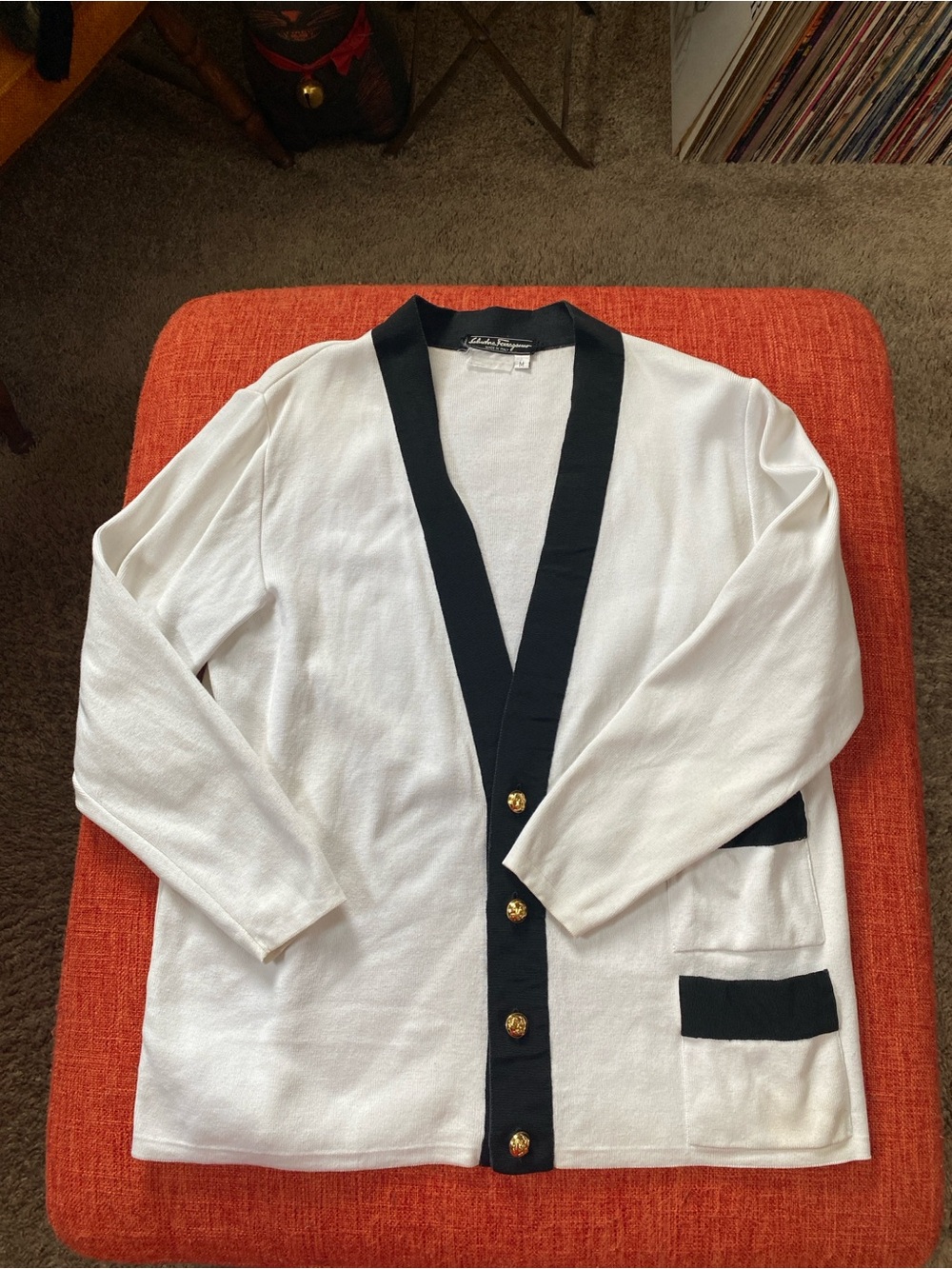 VTG Salvatore Ferragamo Cotton Black White Cardigan Sweater Gold Buttons